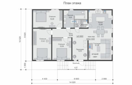 Одноэтажный дом с террасой, 3 спальнями и крыльцом