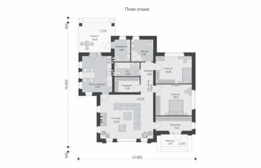 Одноэтажный дом с просторной гостиной, террасой и двумя спальнями