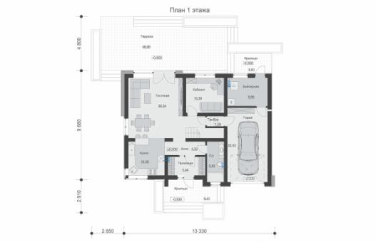 Одноэтажный дом с мансардой, просторной гостиной и четырьмя спальнями